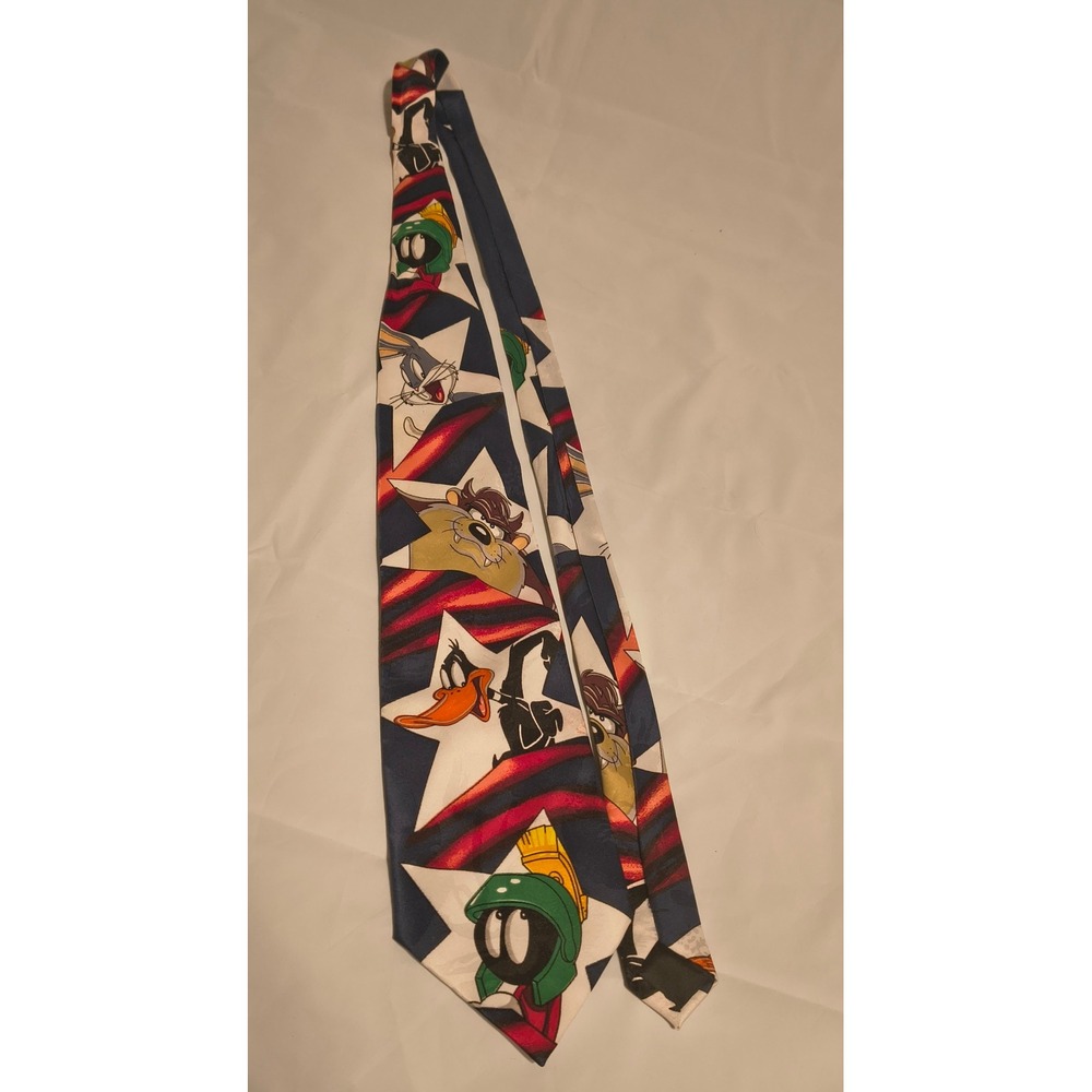 Vintage 1995 Looney Tunes Mania Necktie Bugs Bunny Daffy Duck Taz Stars Stripes
